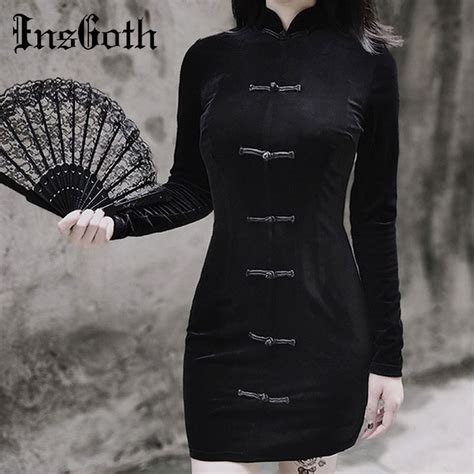 insgoth women retro bodycon dress gothic punk streetwear black vintage long sleeve party female