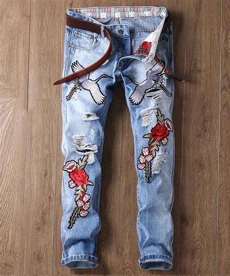 2018 New Designer Men Jeans Luxury Crane Rose Embroidered Jeans Slim Fit Mens Hole Ripped