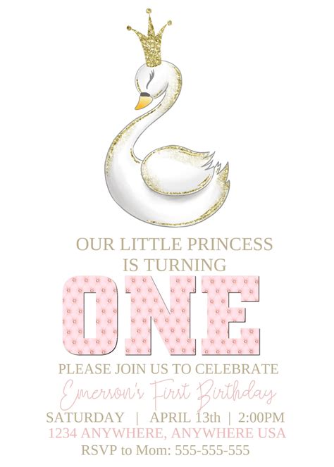 Princess Swan First Birthday Invitation Baby Girl Birthday Etsy