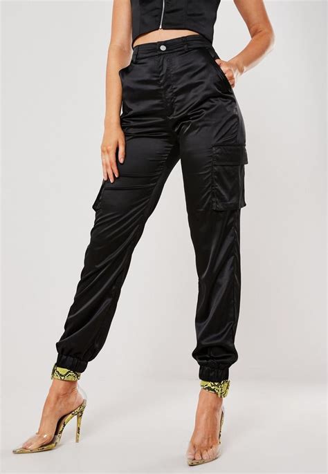 Black Satin Cargo Pants Missguided Women Pants Casual Black Cargo