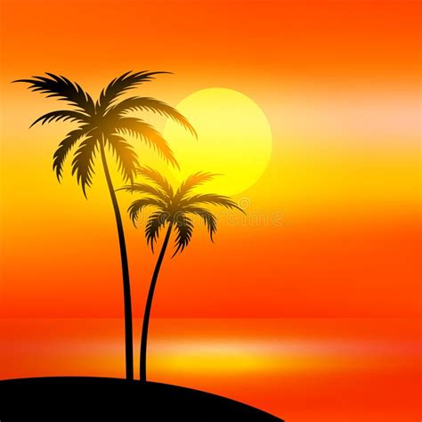 Beach Scene With Sunset And Palm Tree Stock Vector Illustration Of