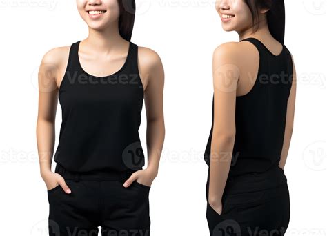 Young Woman In Black Tank Top Mockup Front And Back View Cutout Ai