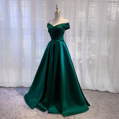 imported satin emerald green prom dresses pleated a line off shoulder vestido lace up back