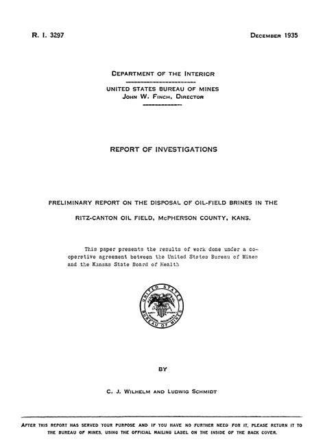Preliminary Report on the Disposal of Oil-Field Brines in the Ritz