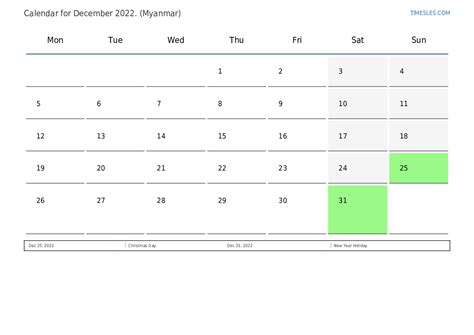 December 2022 Calendar With Holidays In Myanmar Print And Download