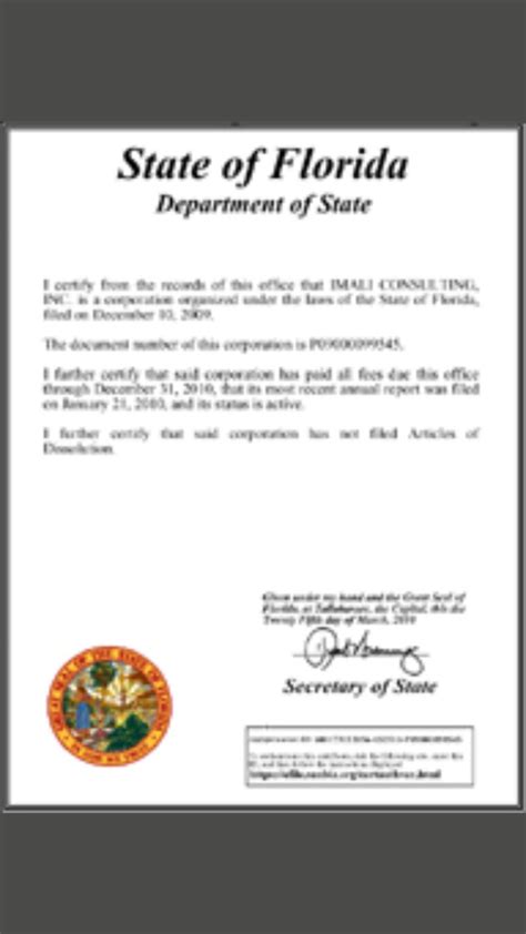 Certificate Of Good Standing Florida Certificate Of Good Standing