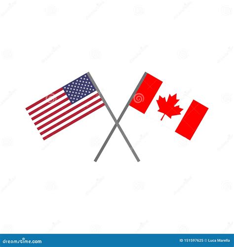 Vector Illustration Of The American Flag And The Canadian Flag Crossing