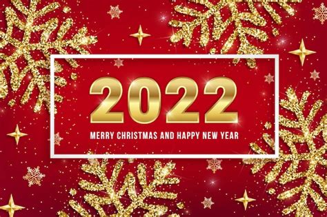 2022年メリークリスマスと新年あけましておめでとうございますグリーティングカードのデザイン。金色の日付番号、金色のキラキラ雪片、赤い背景に