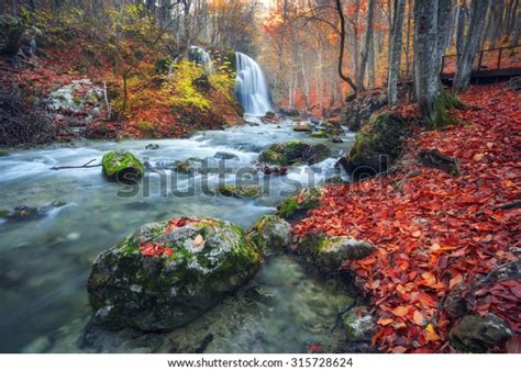 Beautiful Waterfall Autumn Forest Crimean Mountains Stock Photo