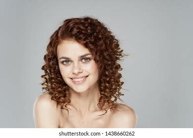 Portrait Curly Woman Freckles Naked Shoulders Stock Photo