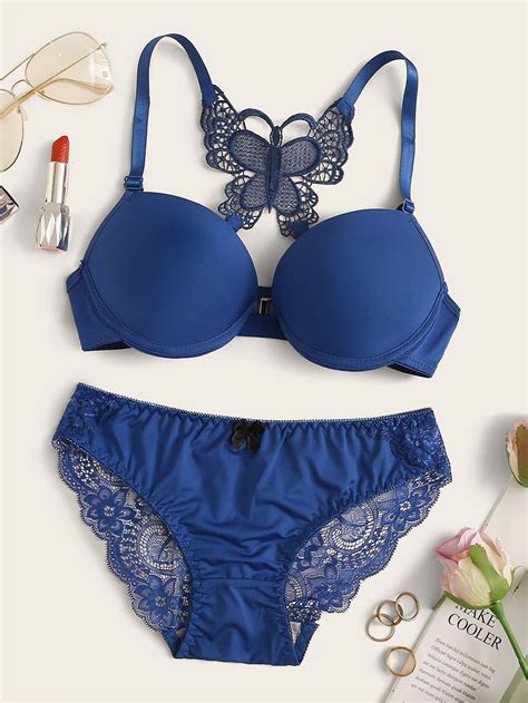 Royal Blue Romantic Plain Embellished High Stretch Women Intimates Bra And Underwear Sets Bra