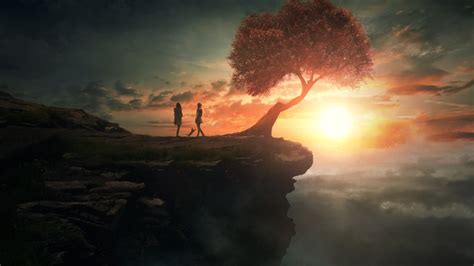 Wallpaper Digital Art Fantasy Art Trees Sun Couple Clouds Cliff