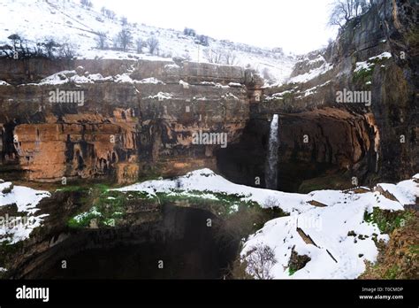 Baatara Gorge Waterfall Near Tannourine Lebanon Drops 250m Through