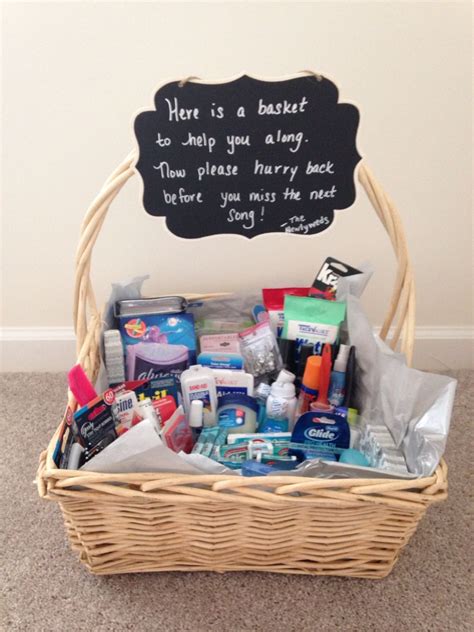 All you need in a wedding bathroom basket. Basket of necessities for wedding restroom. "Here is a ...