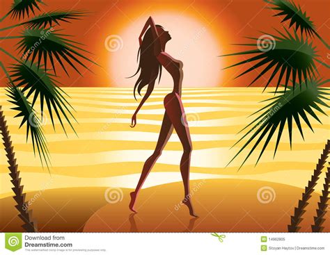 Beautiful Woman Silhouette On A Beach Stock Vector Illustration Of Sunset Girl