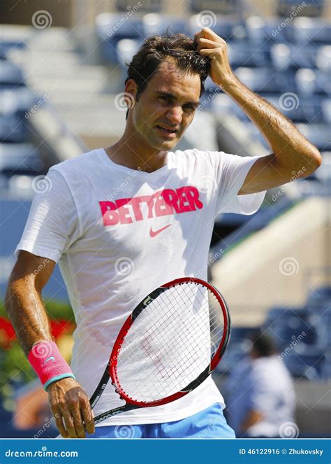 Seventeen Times Grand Slam Champion Roger Federer Practices For Us Open