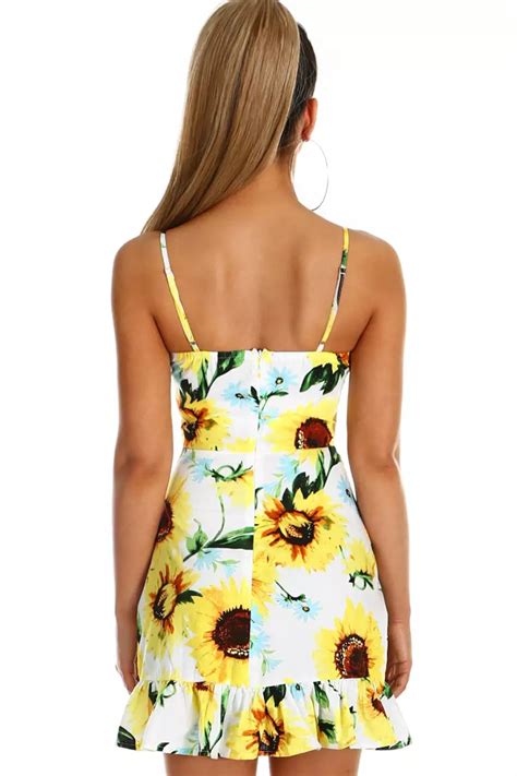 2018 New Arrival Summer Womens Sexy Sleeveless Shoulder Strap Sunflower Print Cut Out Frill Hem