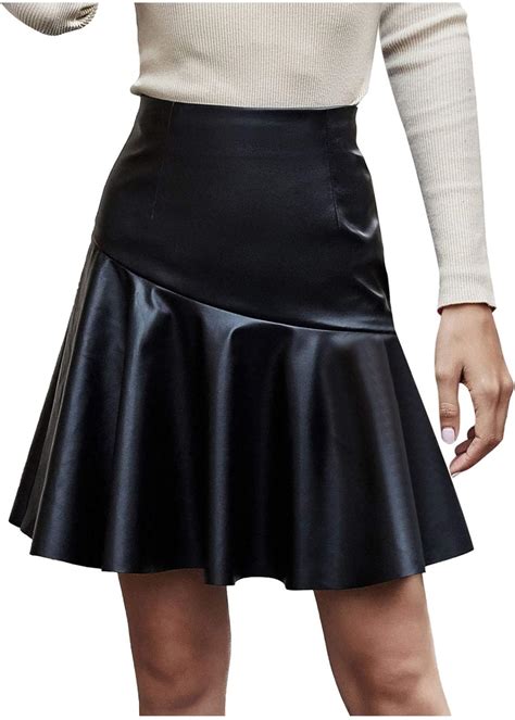 Women High Waist Faux Leather Skirt A Line Puffy Skirt Pleated Skirt