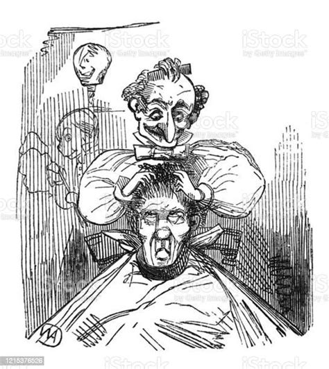 british satire comic cartoon caricatures illustrations man fixing another mans hair stock