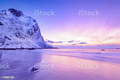 Sunset Over Utakleiv Beach In The Lofoten Archipel In Norway At The End