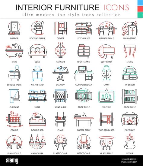 Vector Interior Furniture Color Line Outline Icons For Apps And Web