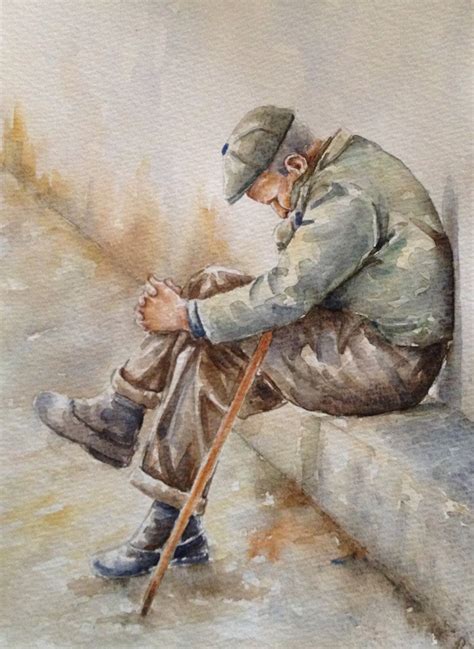 Original Watercolor Figurative Painting Of An Old Man Title Etsy