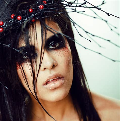 Pretty Brunette Woman With Make Up Like Demon At Halloween Closeup Scary Stock Image Image Of
