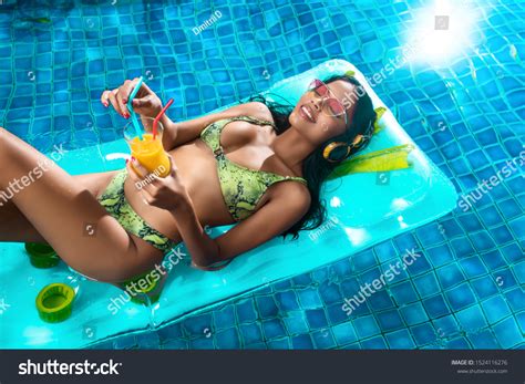 Pool Party Beautiful Sexy Tanned Interracial Stock Photo