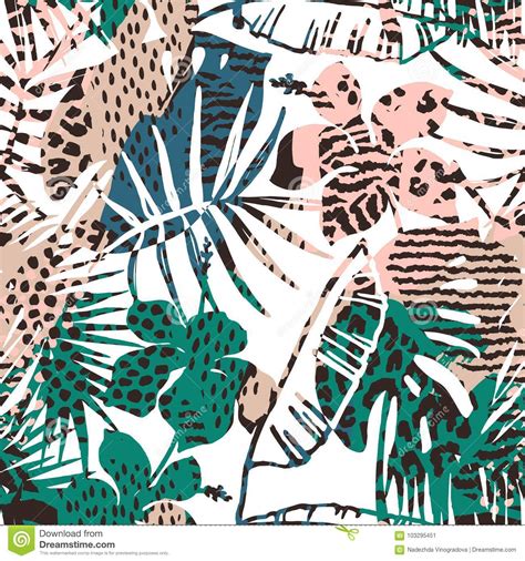 Trendy Seamless Exotic Pattern With Palm Animal Prints And Hand Drawn