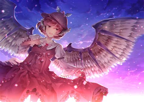 Wallpaper Illustration Anime Short Hair Wings Clouds Touhou Red