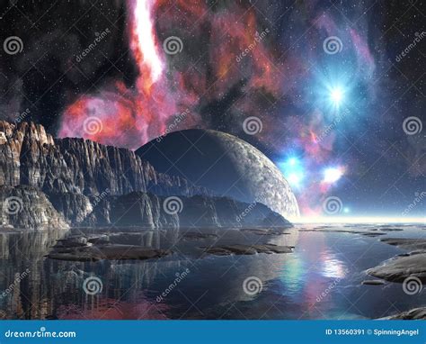 Moonrise Over Alien Lake Stock Illustration Illustration Of Galaxy