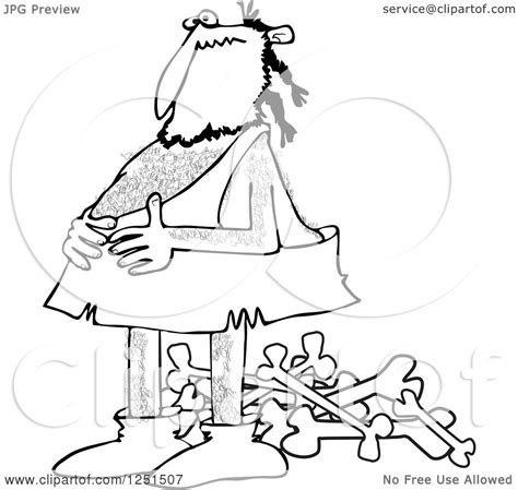 Clipart Of A Black And White Full Caveman Holding His Belly Over A Pile