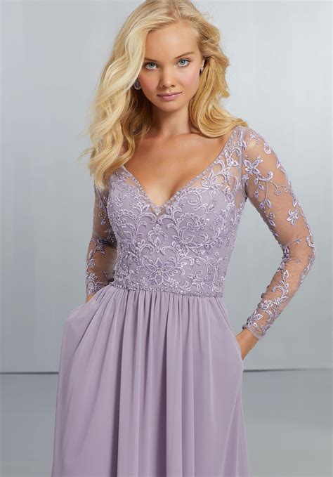 Chiffon Bridesmaids Dress With Intricately Embroidered And Beaded Long Sleeve Bodice Morilee