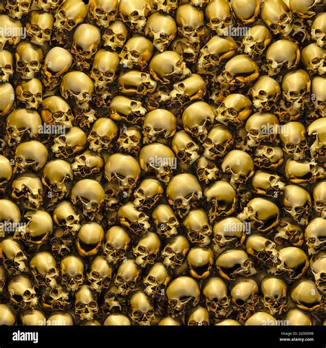 Gold Skulls Background 3d Illustration Of Golden Metal Human Skulls