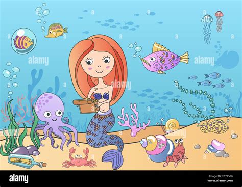 Vector Beautiful Cute Little Siren Mermaid Swimming Underwater With