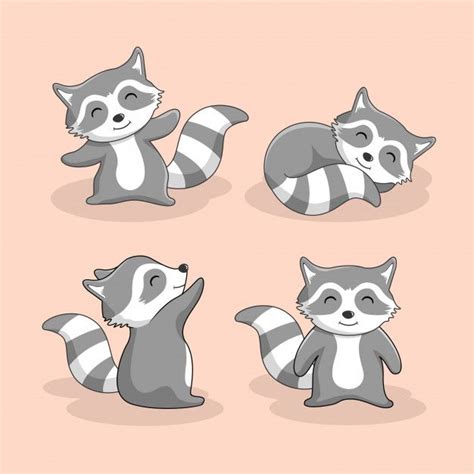 Premium Vector Cute Raccoon Cartoon Animal Set Raccoon Illustration