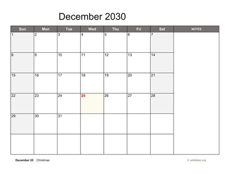 December 2030 Calendar With Notes