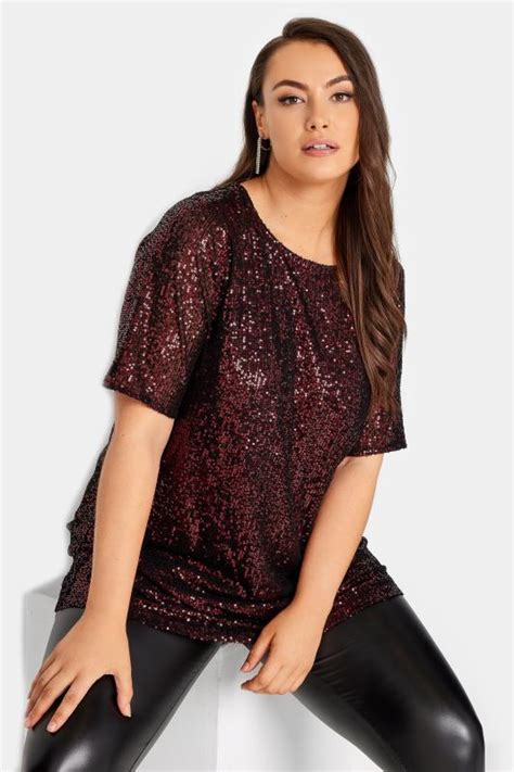 Yours London Plus Size Burgundy Red Sequin Embellished Swing Top