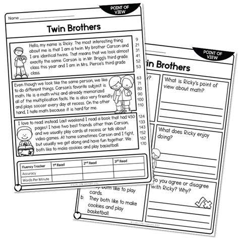 2nd Grade Point Of View Reading Passage Twin Brothers At Lucky
