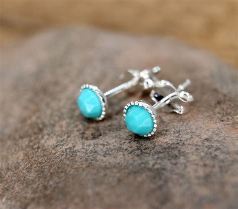Turquoise Stud Earrings Dainty Faceted Turquoise Ear Studs Etsy
