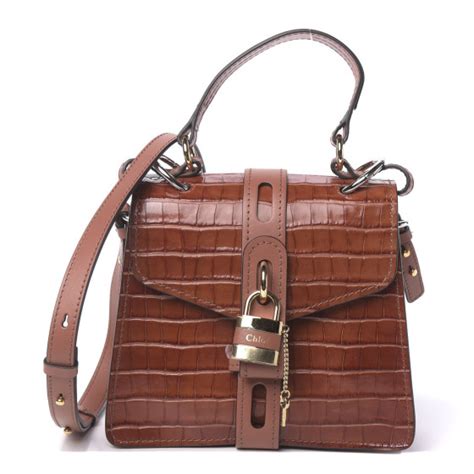 CHLOE Calfskin Crocodile Embossed Small Aby Day Shoulder Bag Chestnut Brown FASHIONPHILE
