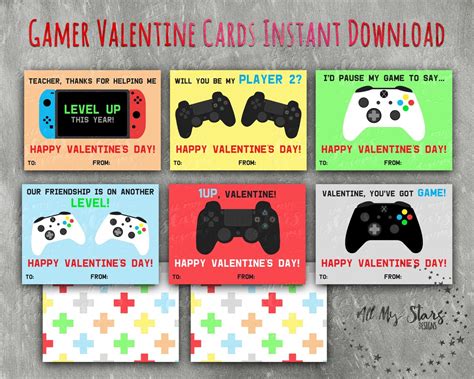 Printable Gamer Valentines Set Of 6 Kids Classroom Etsy