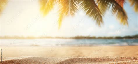 Foto De Sand On The Beach With Palm Trees In The Style Of Bokeh Panorama Realistic Poster