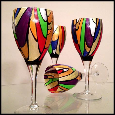 Hand Painted Wine Glasses Two Available Price Is For Two Abstract Colorful Stained Glass