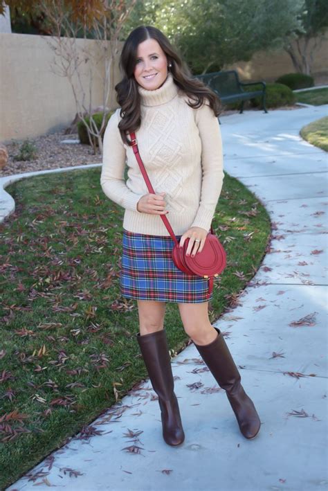 Blue Plaid Mini Skirt Tan Turtleneck Sweater Tall Brown Boots Red