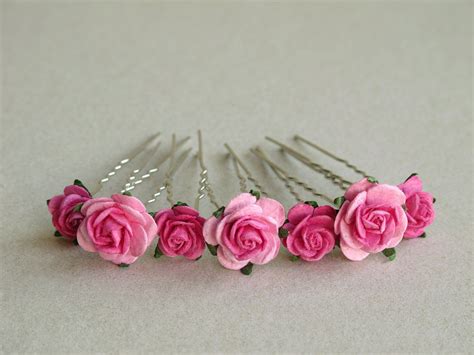 Hot Pink Flower Hair Pins Set Of 7 Made Of Mulberry Paper