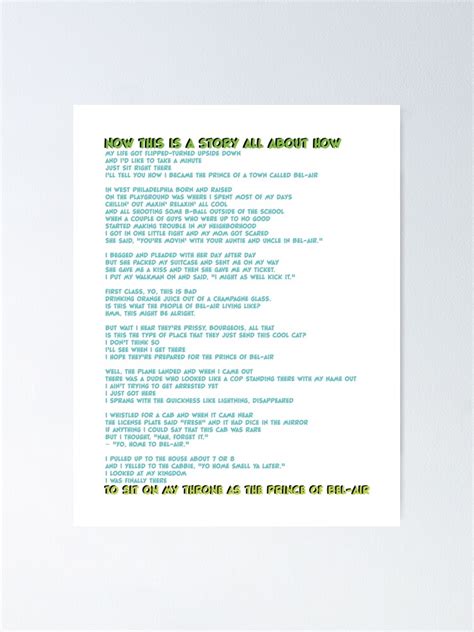 Fresh Prince Of Bel Air Lyrics Blue On White Poster By