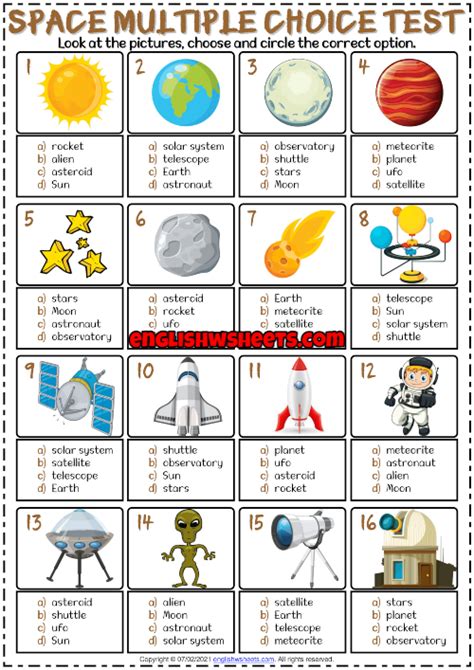 Space Vocabulary Esl Printable Multiple Choice Test For Kids