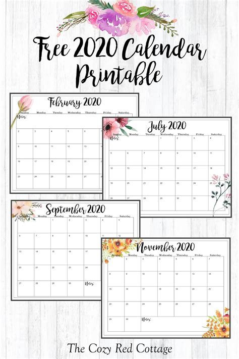 The Cozy Red Cottage 2020 Calendar Free Printables