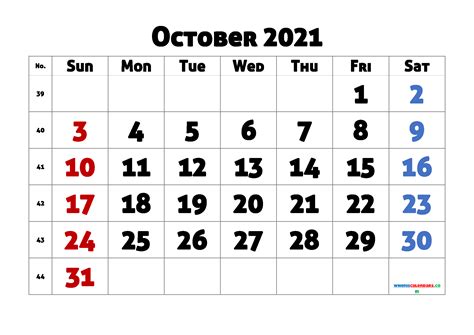 October 2021 Printable Calendar Free Monthly Calendar
